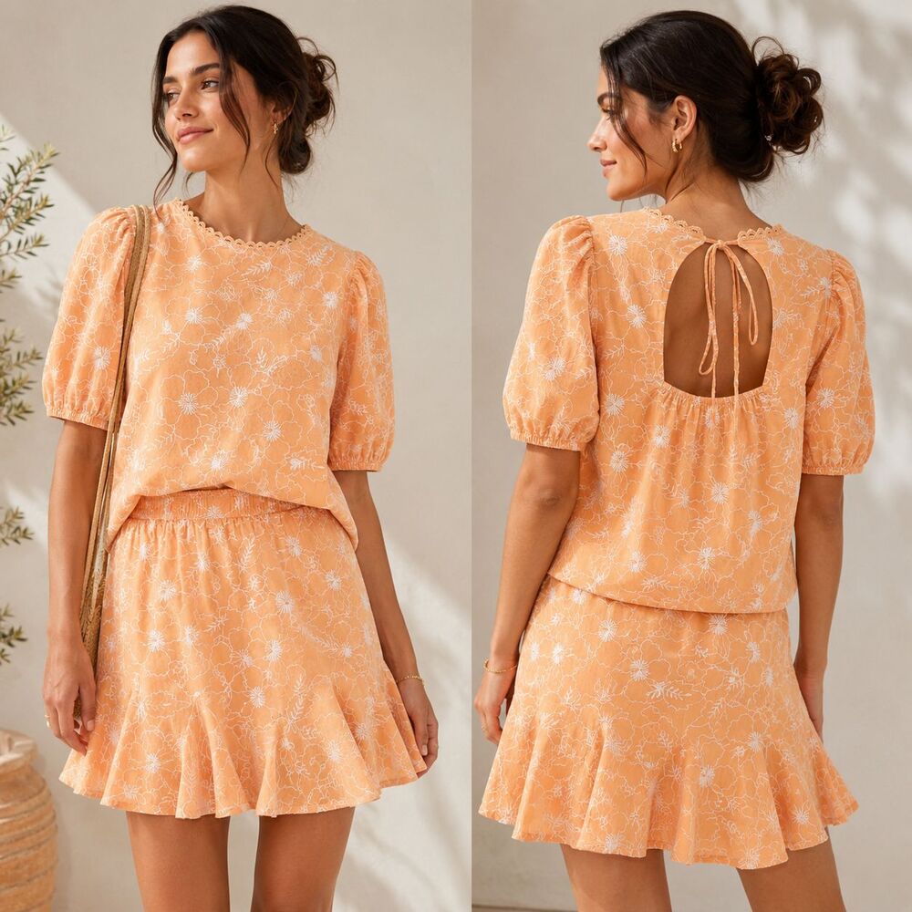 LOFT Embroidered Floral Blouse Skirt Set S M Orange Cotton Puff Sleeve Garden
